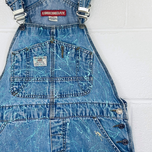 Unionbay Small Short Overalls Shortalls Denim Paint Splatter Custom Upcycled Y2K - Picture 2 of 7